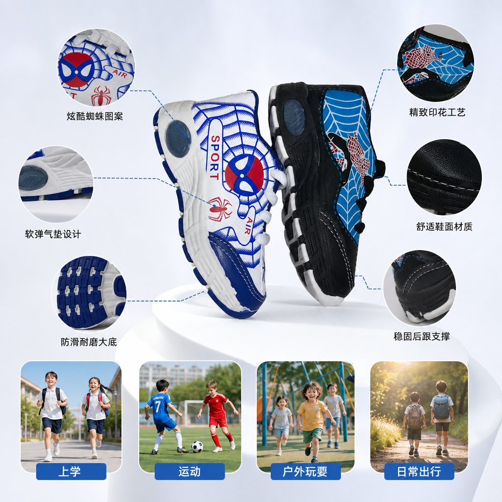 蓝白黑相间蜘蛛侠主题儿童运动鞋