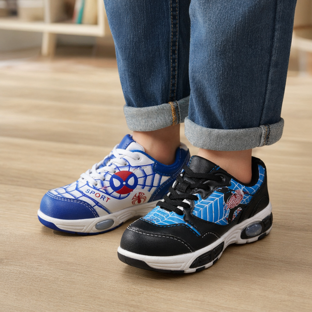 Blue, white and black Spider-Man themed children's sports shoes details Picture