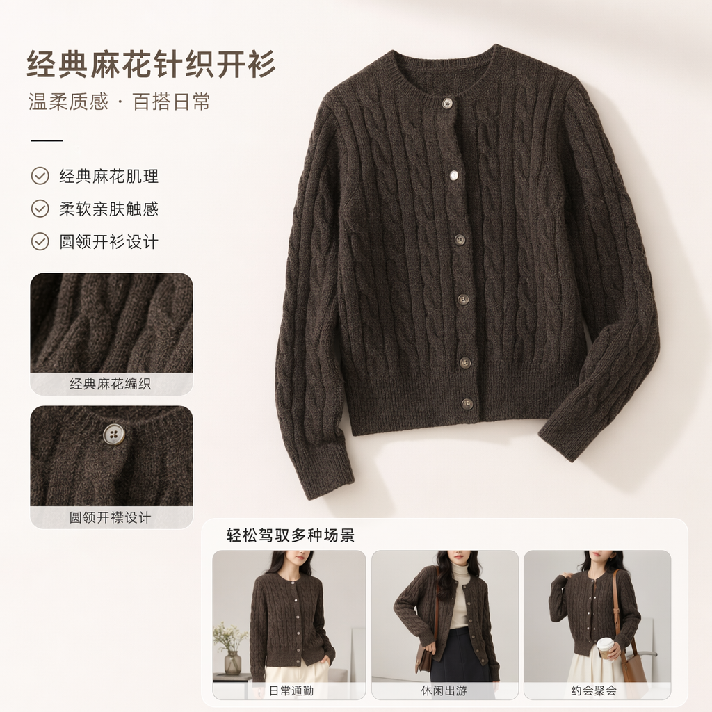 A brown knitted cardigan for women in spring and autumn, paired with a thin, casual and loose top