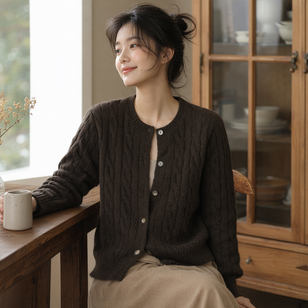 A brown knitted cardigan for women in spring and autumn, paired with a thin, casual and loose top details Picture