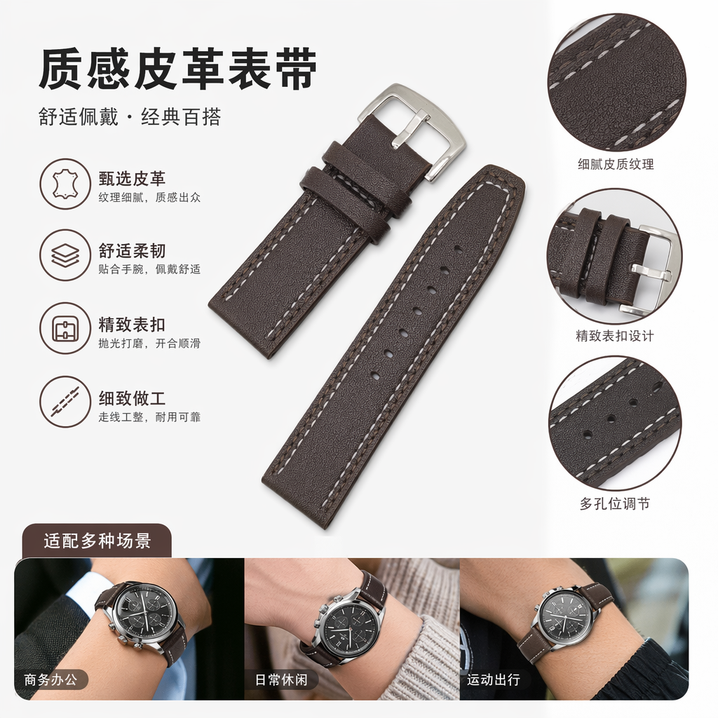 棕色黑色皮质表带配银色金属扣男士手表替换表带
