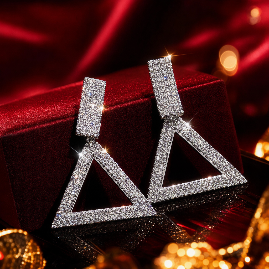 Silver sparkling diamond triangular earrings, fashionable geometric light luxury earrings, earrings, vintage accessories Specification image