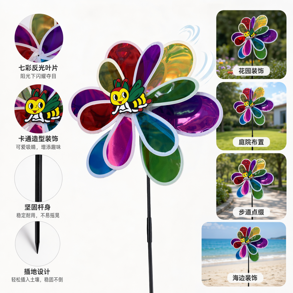 彩色花瓣风车挂饰 中心蜜蜂图案装饰摆件