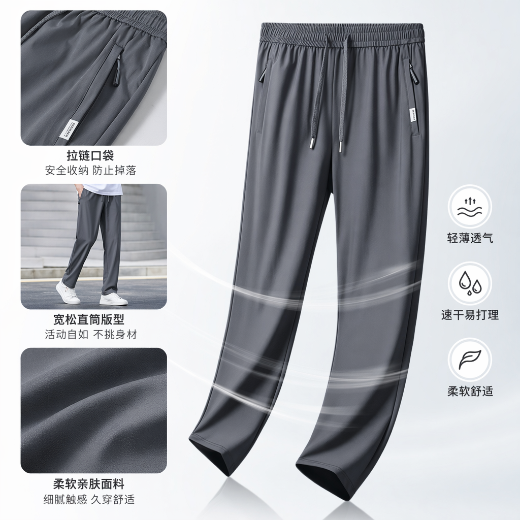 Grey sports trousers for men, casual, loose and quick-drying fitness running pants
