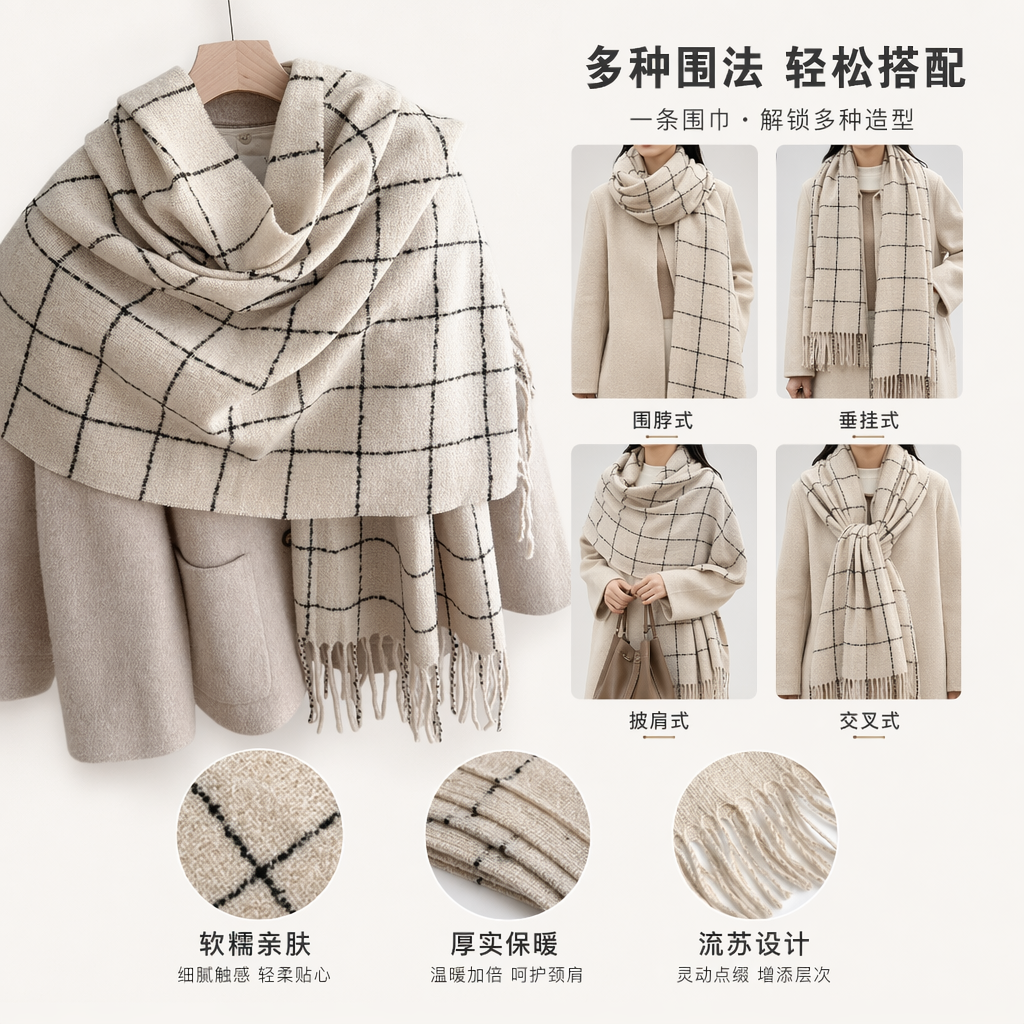 Beige checkered tassel scarf for warmth in autumn and winter, pure cotton knitted, fashionable and versatile for women
