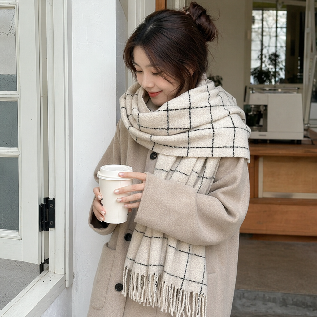Beige checkered tassel scarf for warmth in autumn and winter, pure cotton knitted, fashionable and versatile for women details Picture