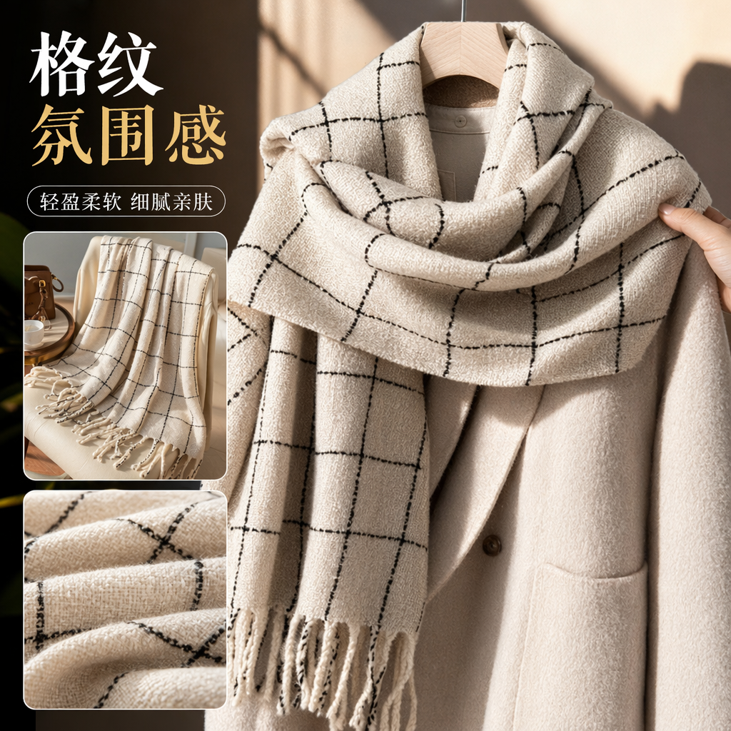 Beige checkered tassel scarf for warmth in autumn and winter, pure cotton knitted, fashionable and versatile for women Specification image