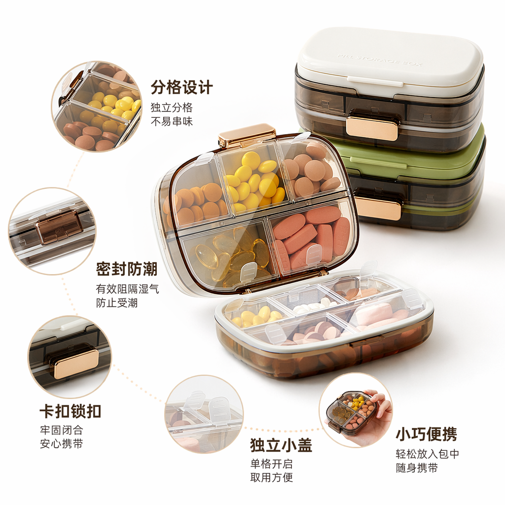 The ten-compartment medicine box with a transparent shell and golden fasteners contains tablets of various colors. It is a white and green closed medicine box