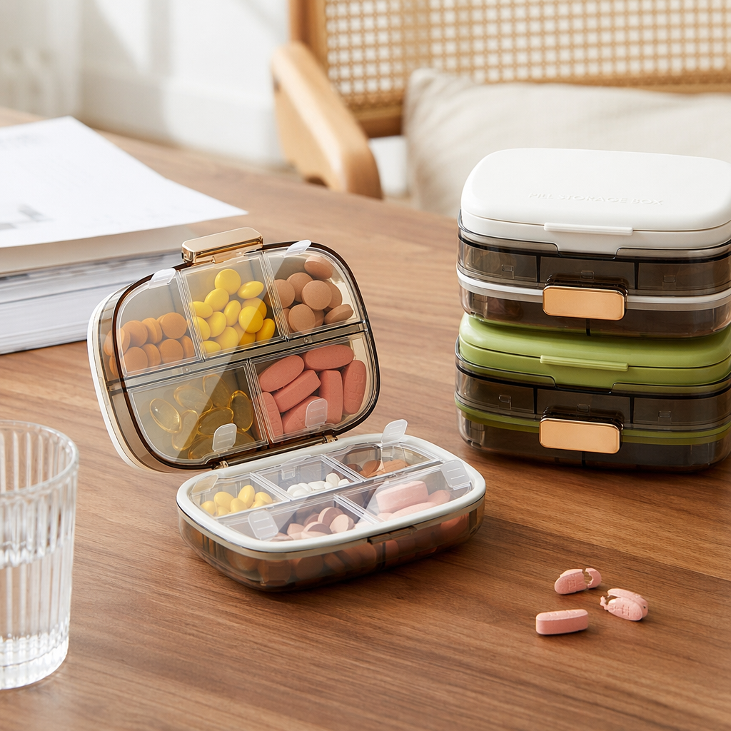 The ten-compartment medicine box with a transparent shell and golden fasteners contains tablets of various colors. It is a white and green closed medicine box details Picture