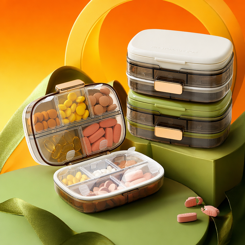 The ten-compartment medicine box with a transparent shell and golden fasteners contains tablets of various colors. It is a white and green closed medicine box Specification image