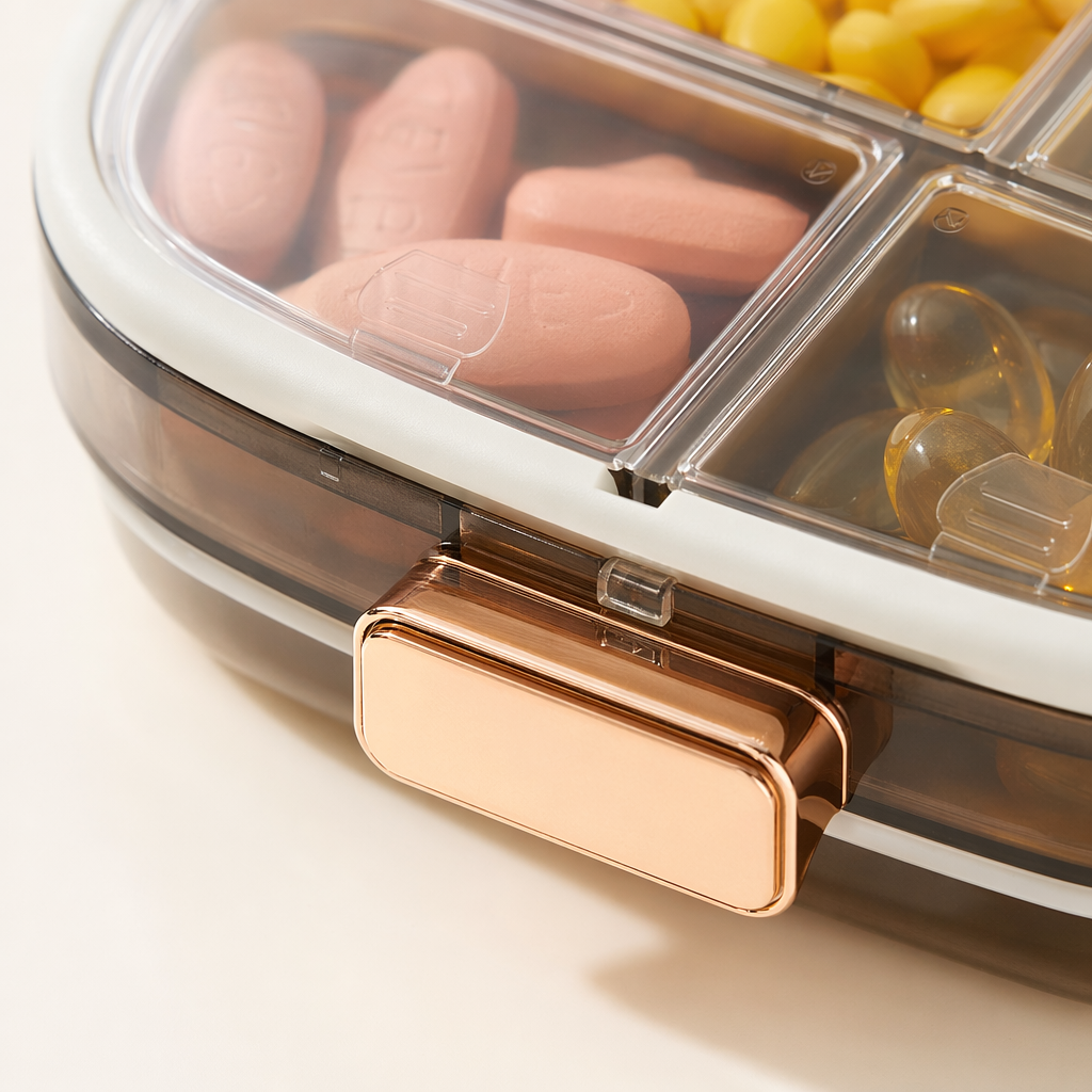 The ten-compartment medicine box with a transparent shell and golden fasteners contains tablets of various colors. It is a white and green closed medicine box Application Scenario