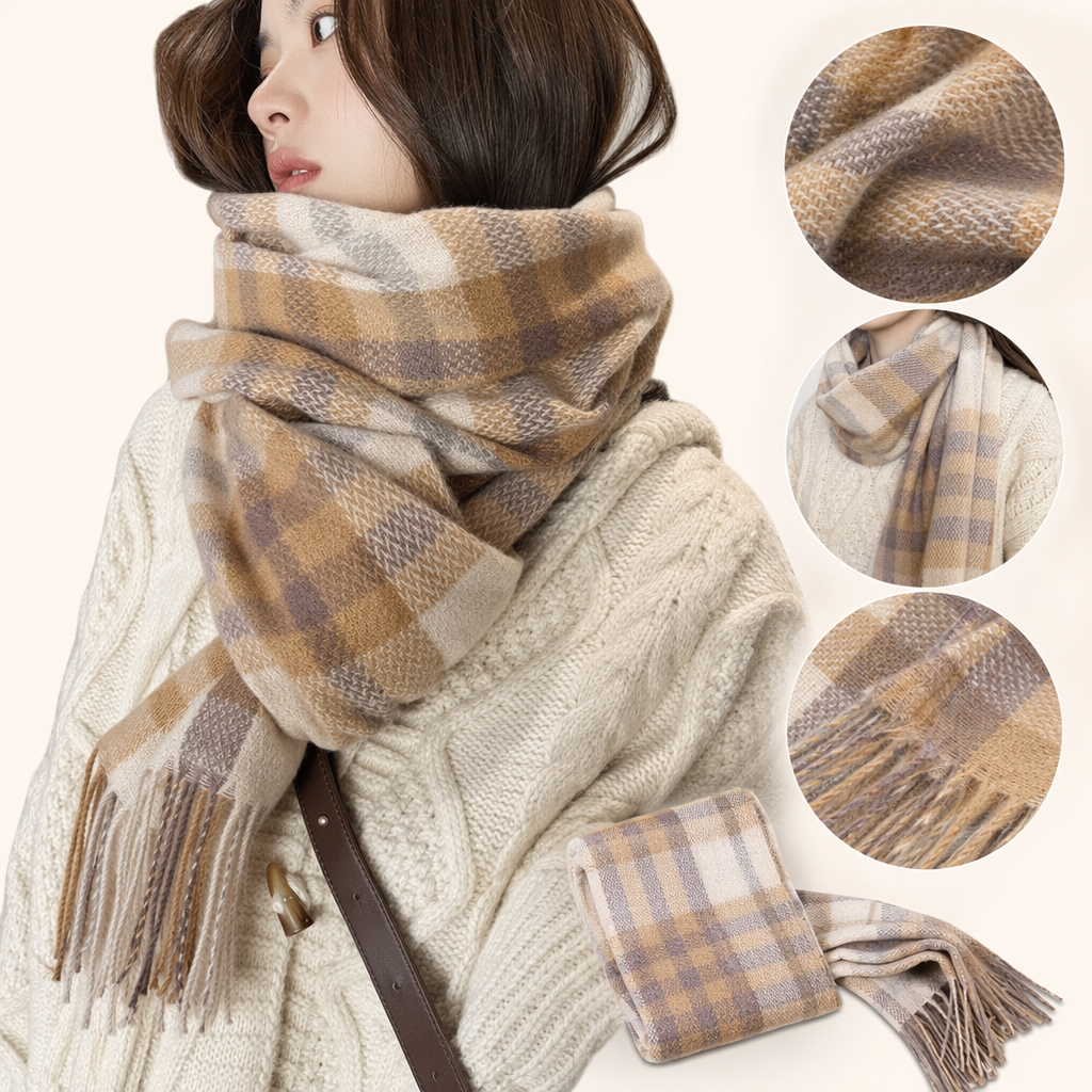 Beige checkered scarf for women, warm in autumn and winter, long pure cotton knitted, fashionable and versatile