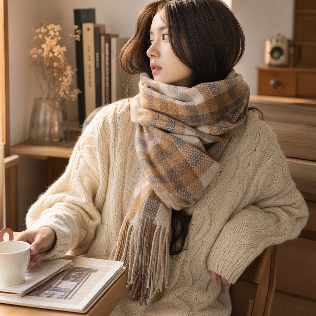 Beige checkered scarf for women, warm in autumn and winter, long pure cotton knitted, fashionable and versatile details Picture