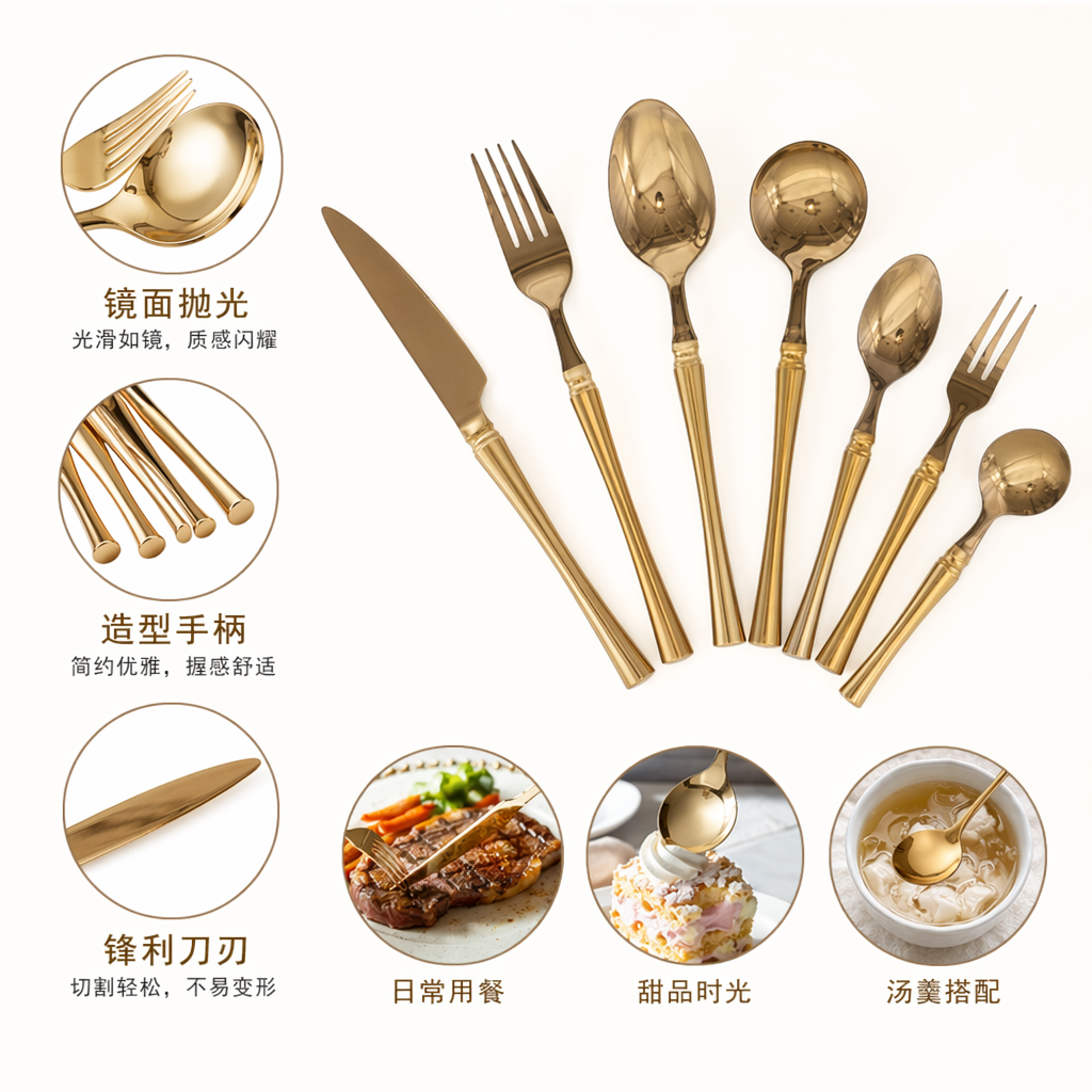 金色刀叉勺组合套装 不锈钢餐具礼盒 家用西餐餐具三件套