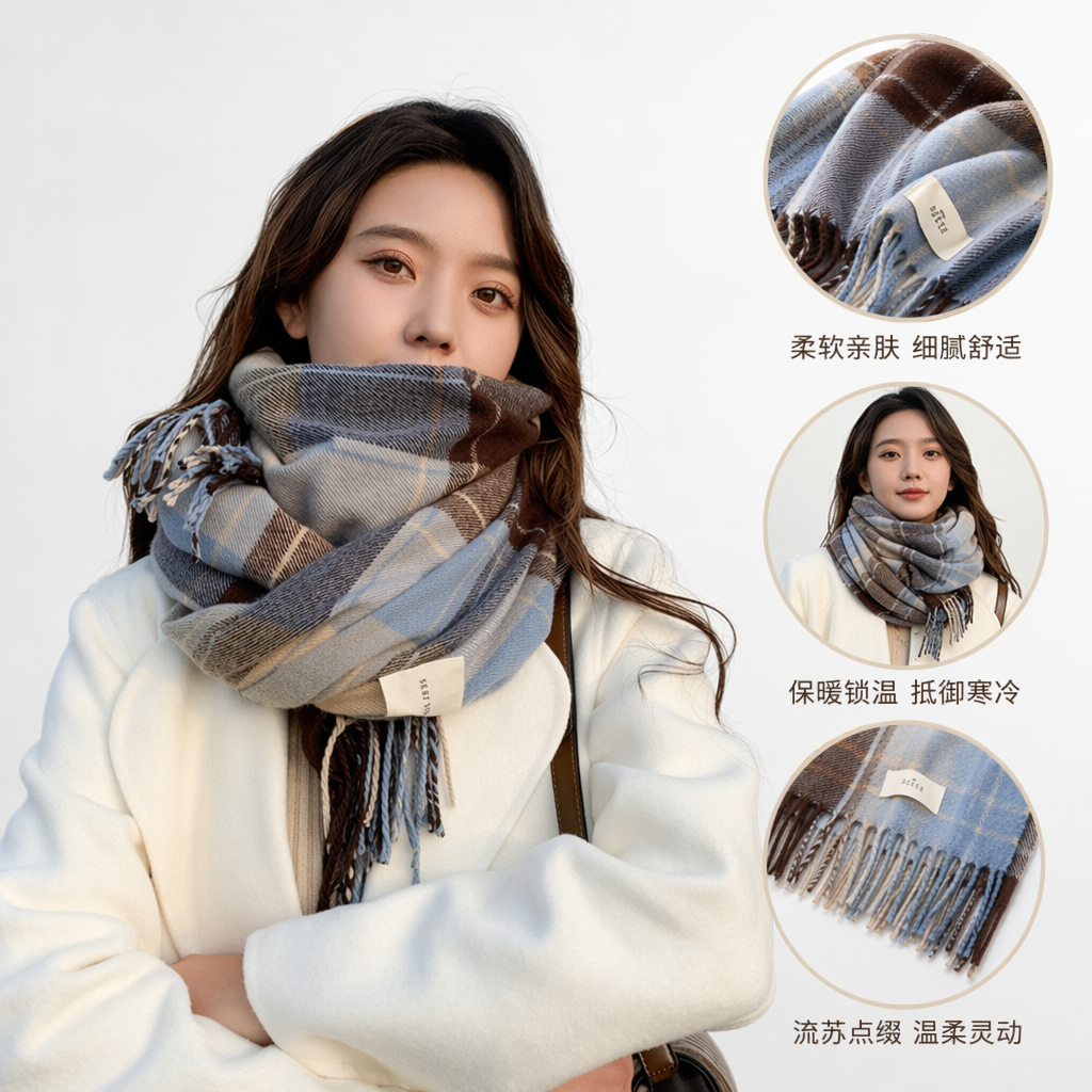 Checkered scarf for women, warm in autumn and winter, pure cotton, fashionable and versatile long scarf