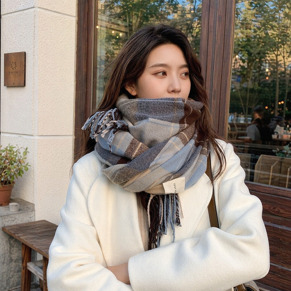 Checkered scarf for women, warm in autumn and winter, pure cotton, fashionable and versatile long scarf details Picture