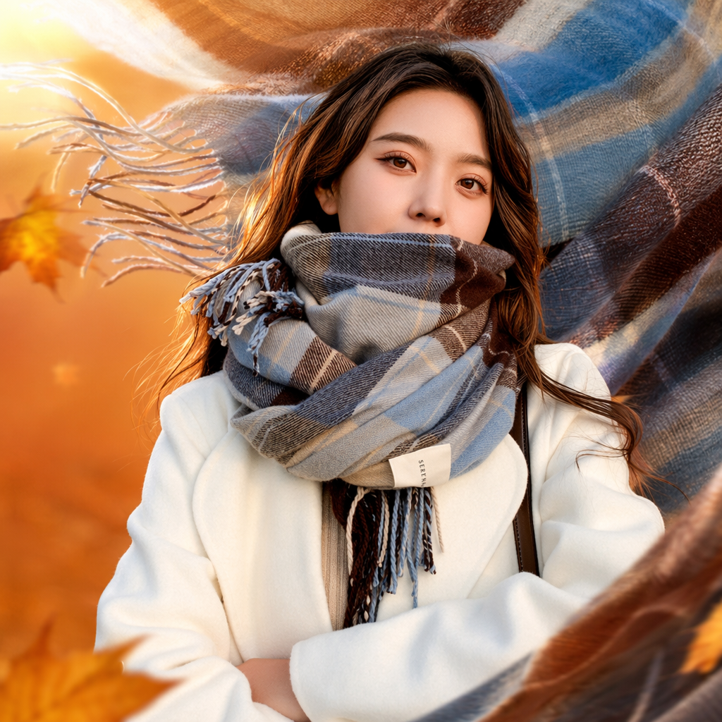 Checkered scarf for women, warm in autumn and winter, pure cotton, fashionable and versatile long scarf Specification image