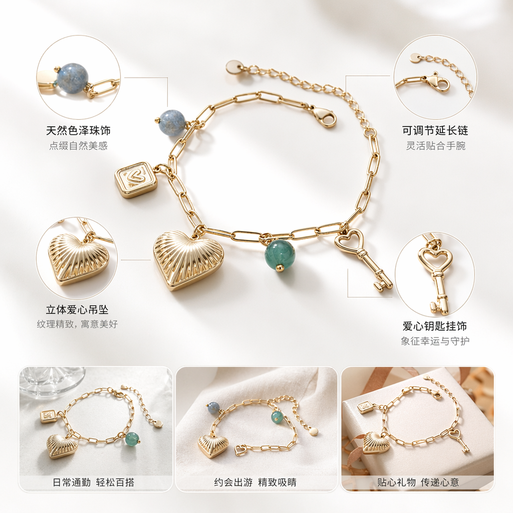 Golden chain bracelet with heart-shaped shell key, blue-green beads, square pendant