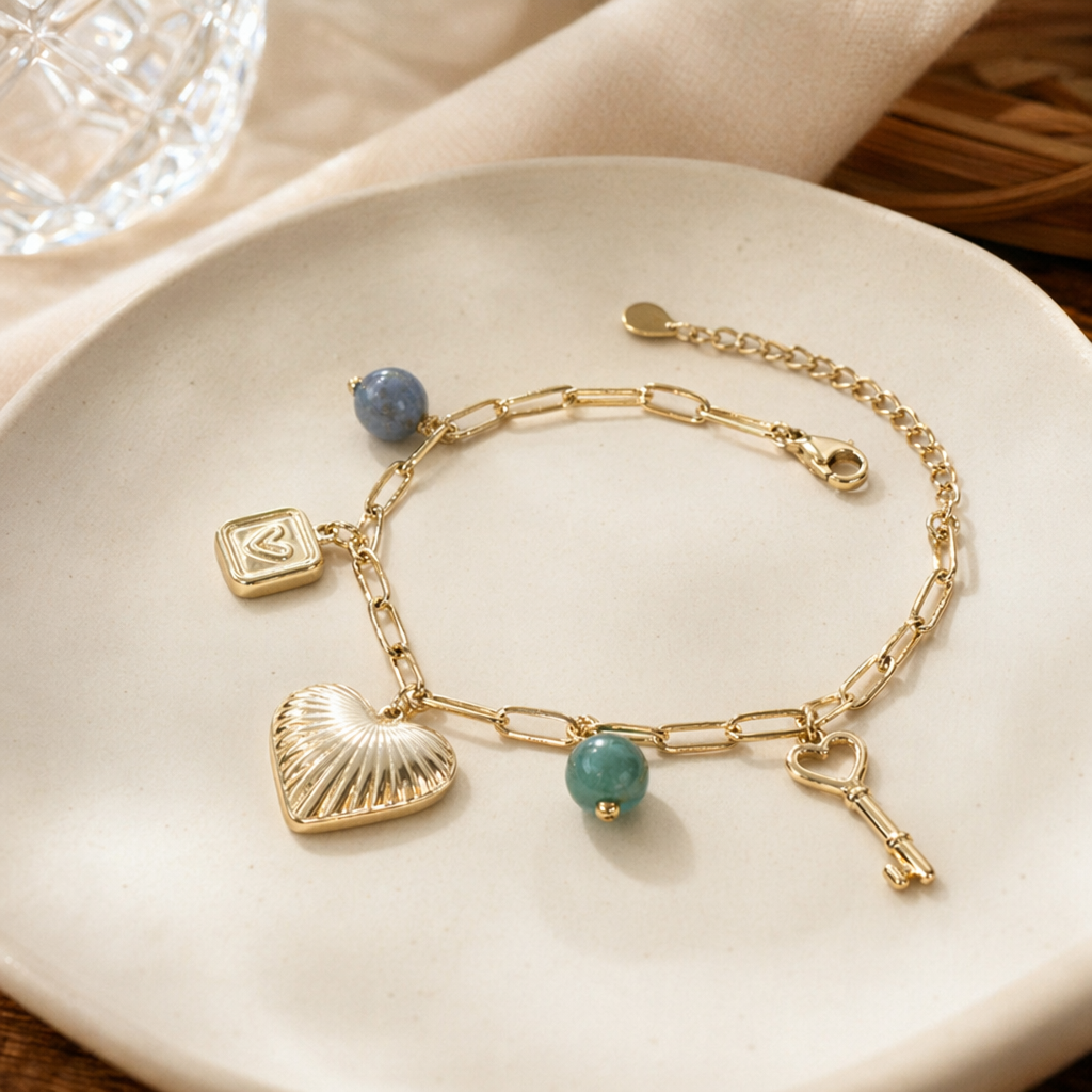 Golden chain bracelet with heart-shaped shell key, blue-green beads, square pendant details Picture