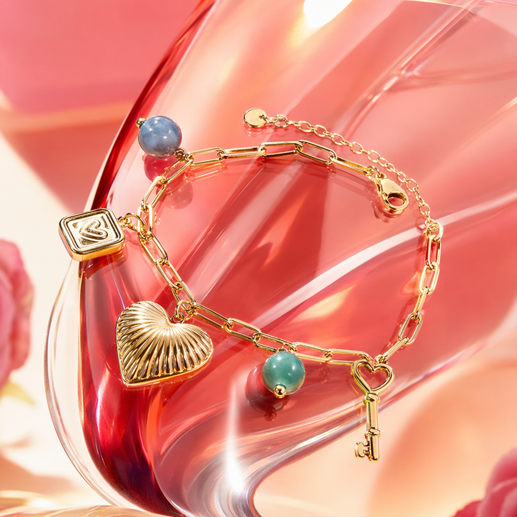 Golden chain bracelet with heart-shaped shell key, blue-green beads, square pendant Specification image