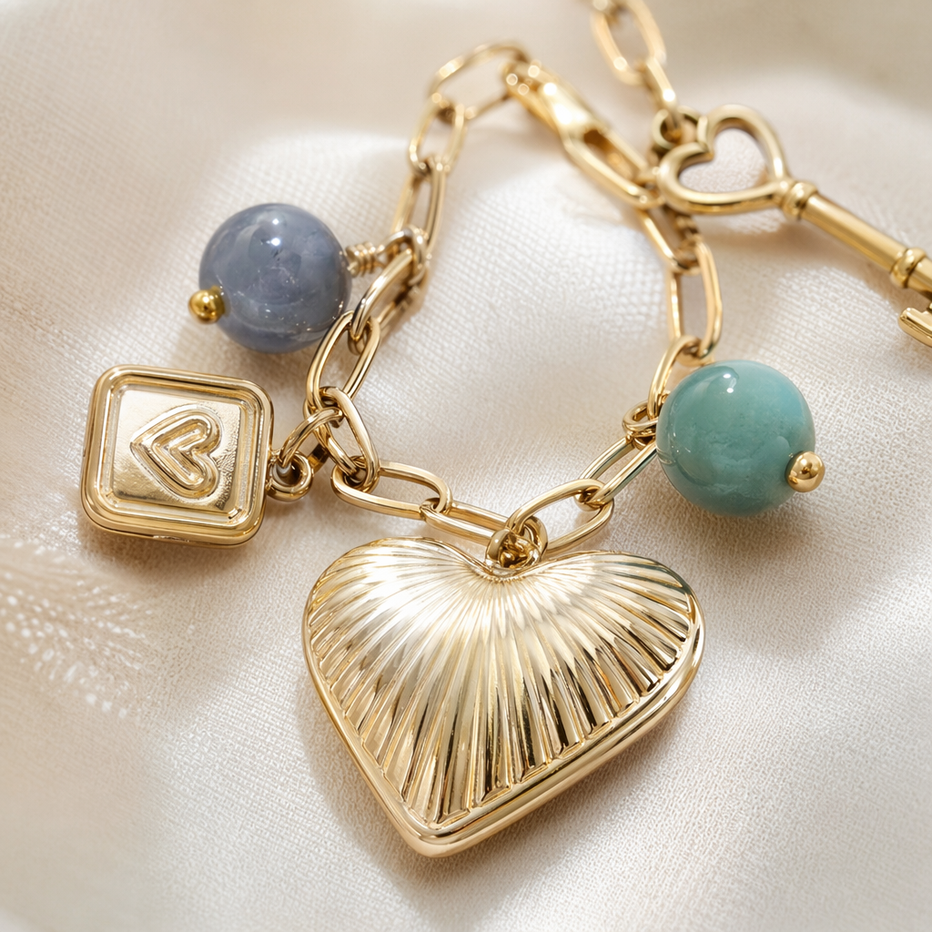 Golden chain bracelet with heart-shaped shell key, blue-green beads, square pendant Application Scenario