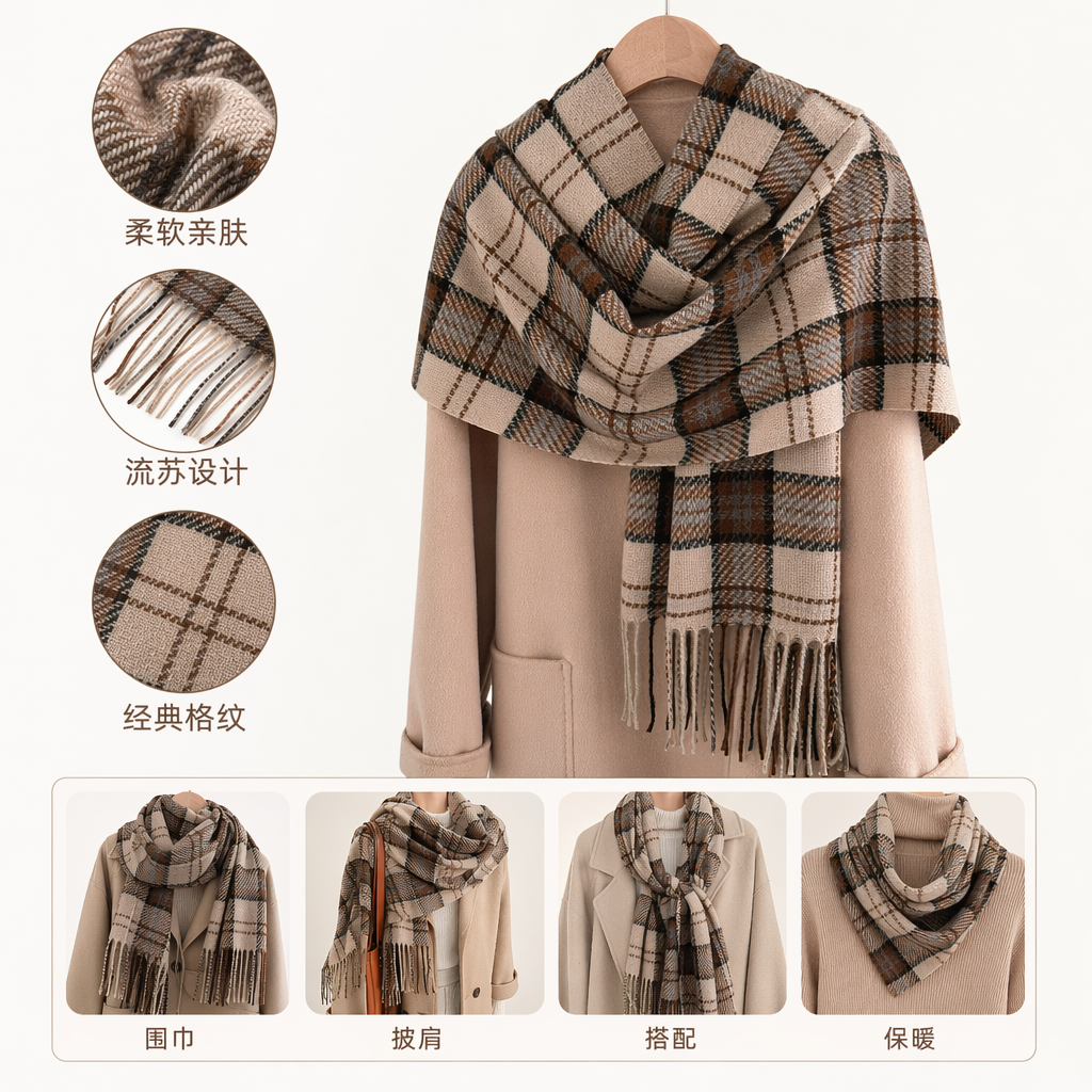 A checked scarf paired with a beige coat is a warm and fashionable accessory for autumn and winter