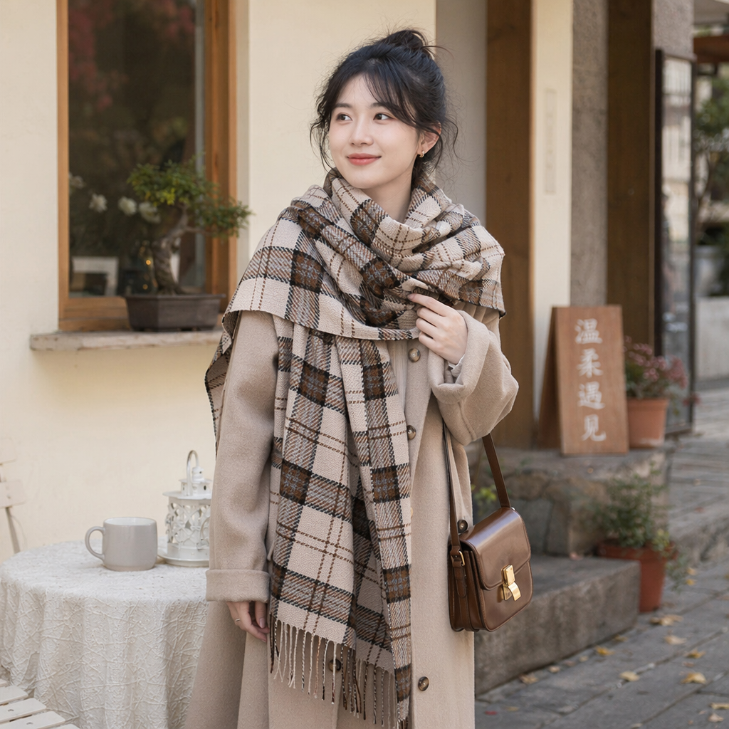 A checked scarf paired with a beige coat is a warm and fashionable accessory for autumn and winter details Picture