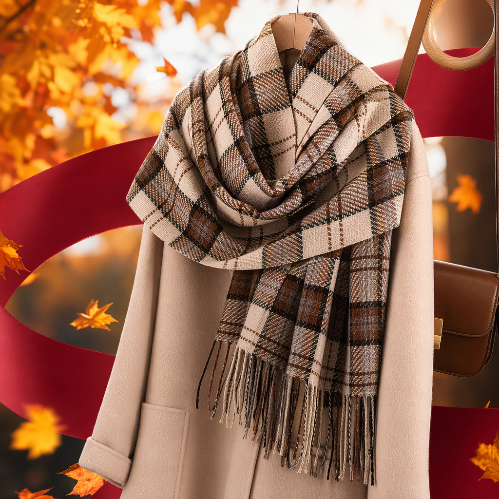 A checked scarf paired with a beige coat is a warm and fashionable accessory for autumn and winter Specification image