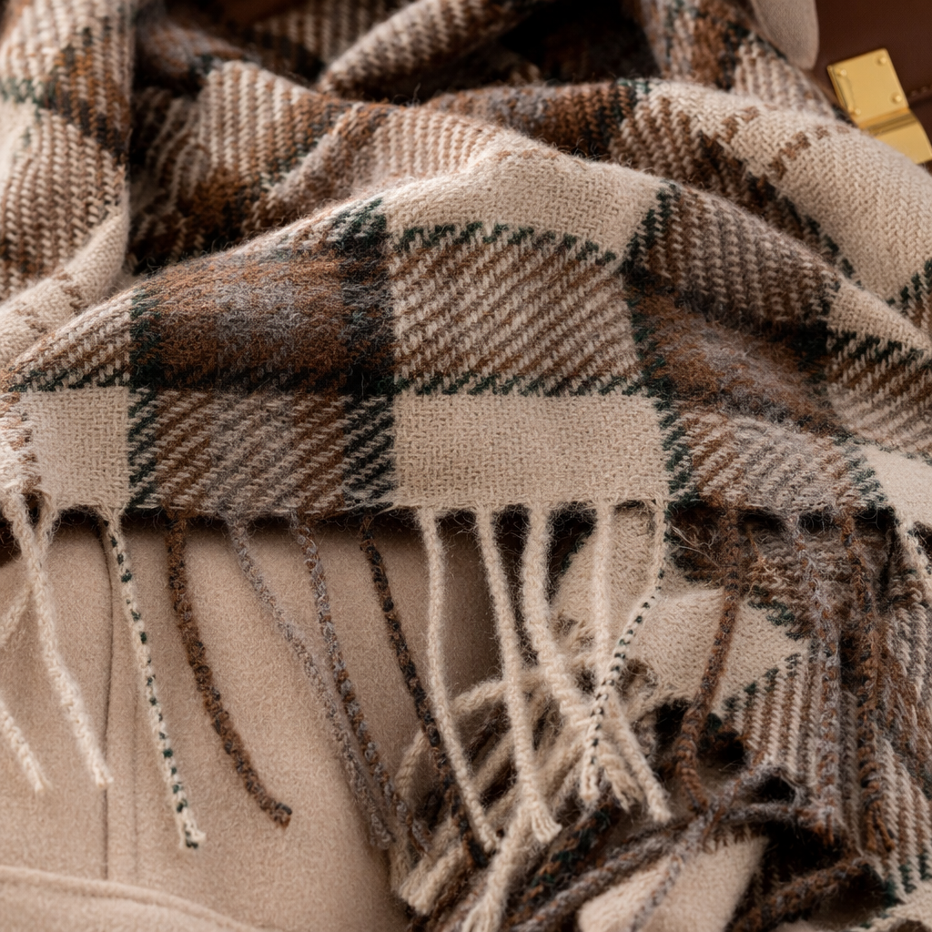 A checked scarf paired with a beige coat is a warm and fashionable accessory for autumn and winter Application Scenario