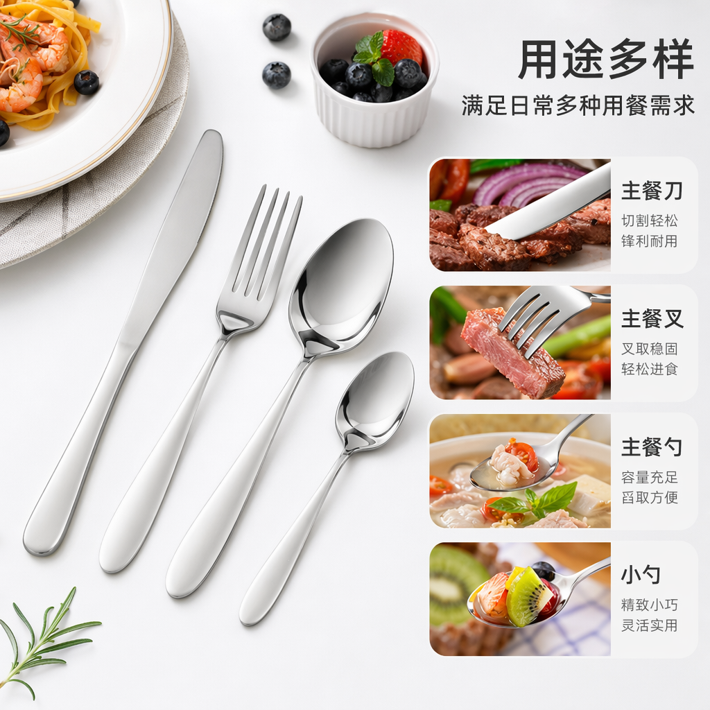 银色餐具套装 不锈钢餐勺叉筷套装 家用简约风