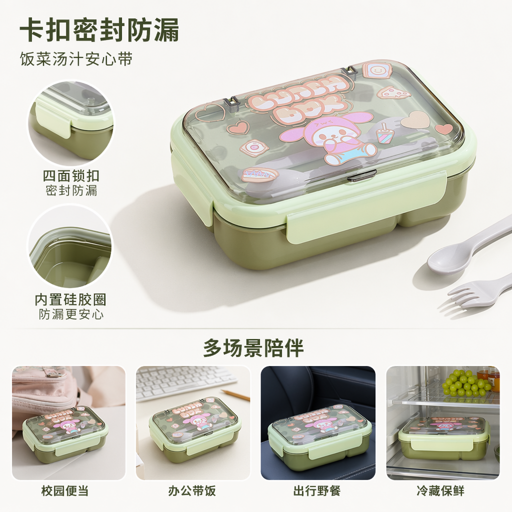 绿色卡通餐盒儿童便携午餐盒食品级PP安全材质