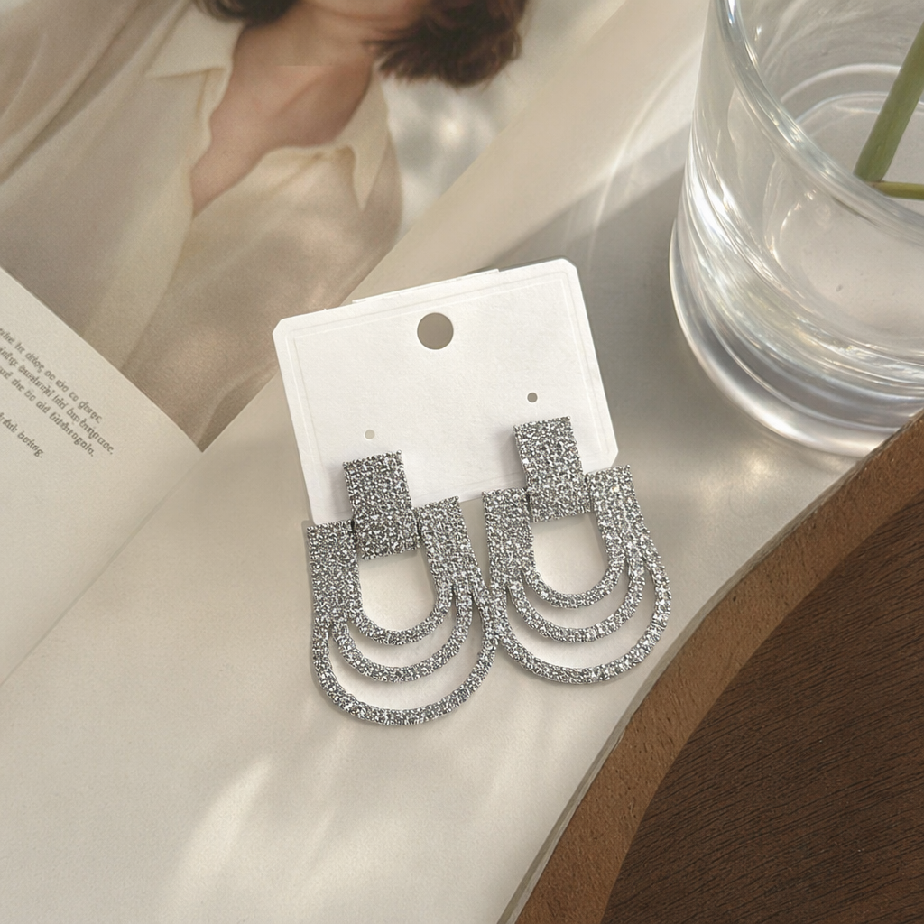 Silver diamond-encrusted earrings, fashionable and light luxury women's earrings and accessories, vintage earrings and accessories details Picture