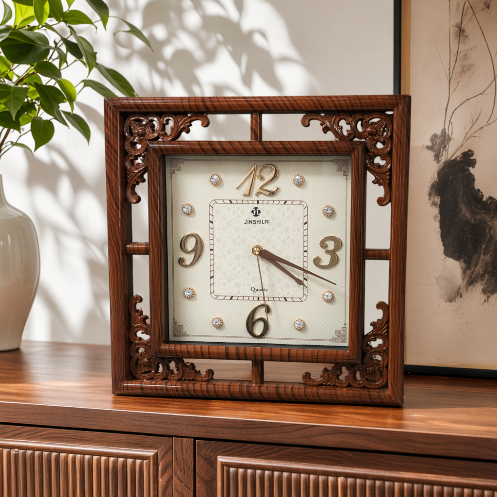 A simple Nordic-style wall clock with a brown carved wooden frame for the living room and bedroom details Picture