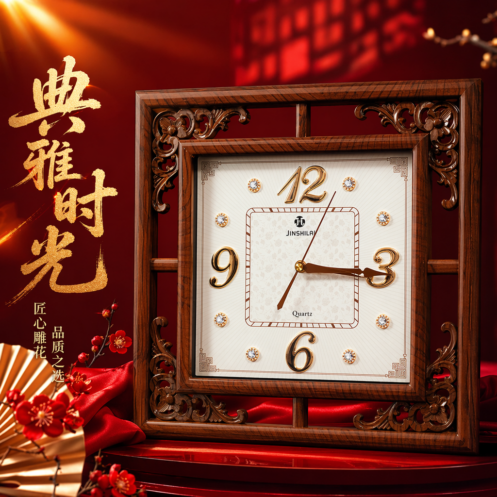 A simple Nordic-style wall clock with a brown carved wooden frame for the living room and bedroom Specification image