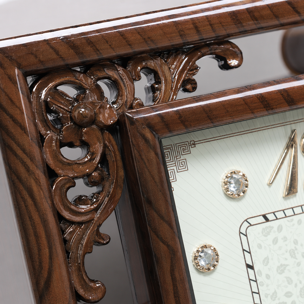 A simple Nordic-style wall clock with a brown carved wooden frame for the living room and bedroom Application Scenario