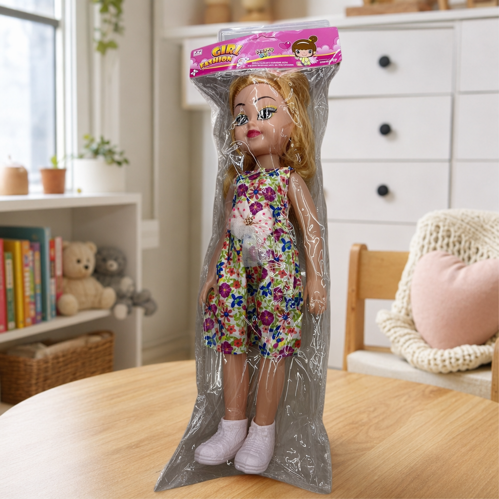 Golden long-haired doll, floral jumpsuit, white shoes, plush toy for girls details Picture