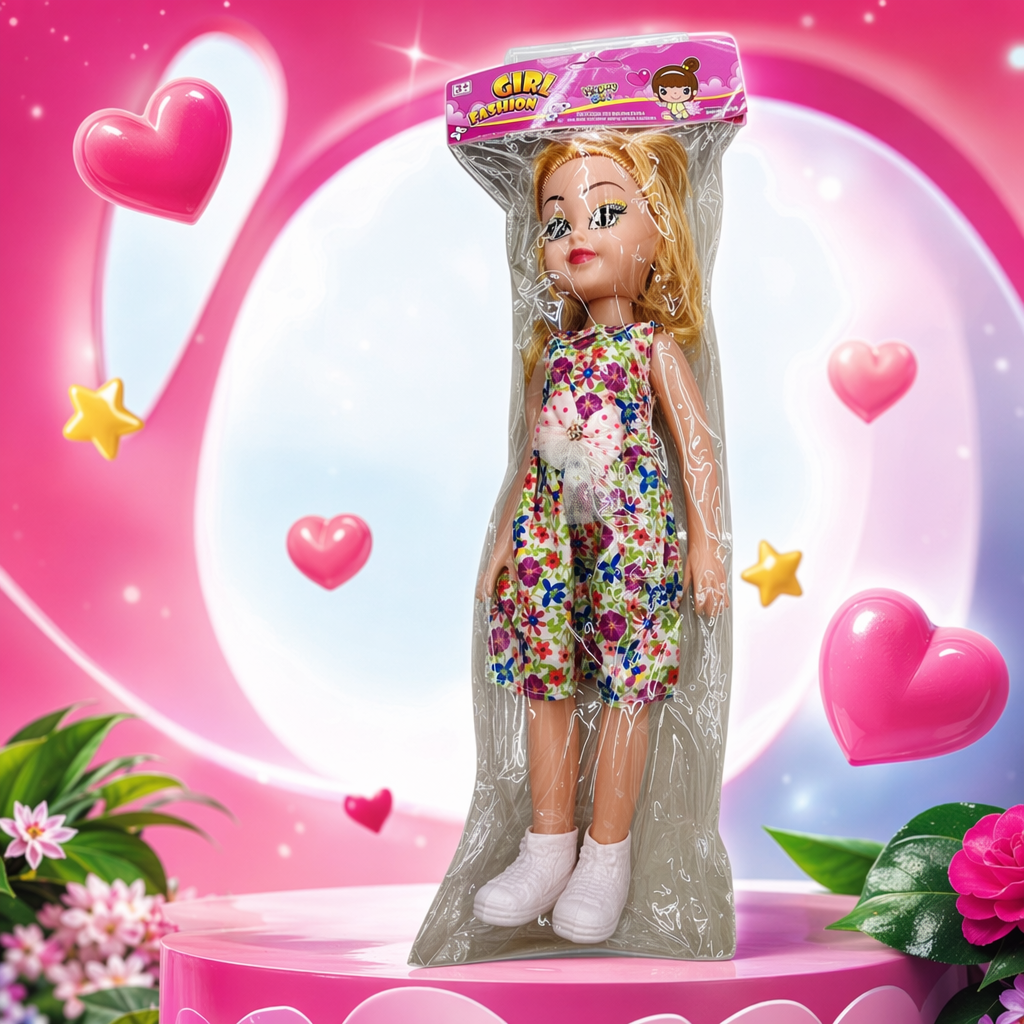 Golden long-haired doll, floral jumpsuit, white shoes, plush toy for girls Specification image