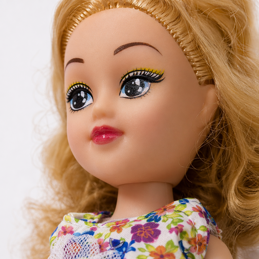 Golden long-haired doll, floral jumpsuit, white shoes, plush toy for girls Application Scenario