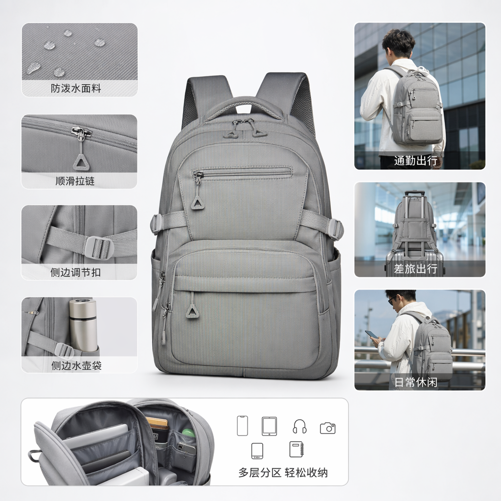 The grey backpack is a lightweight and large-capacity student commuting travel backpack