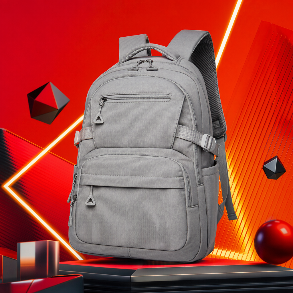 The grey backpack is a lightweight and large-capacity student commuting travel backpack Specification image