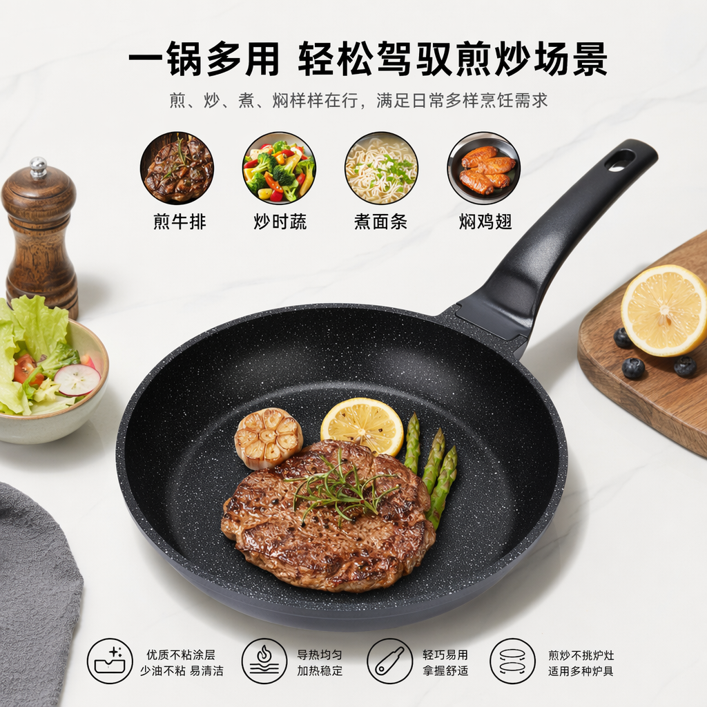 Black non-stick frying pan, a household flat pan without coating, a healthy cooking kitchenware
