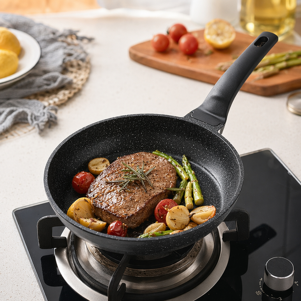 Black non-stick frying pan, a household flat pan without coating, a healthy cooking kitchenware details Picture