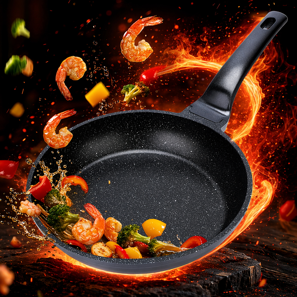 Black non-stick frying pan, a household flat pan without coating, a healthy cooking kitchenware Specification image