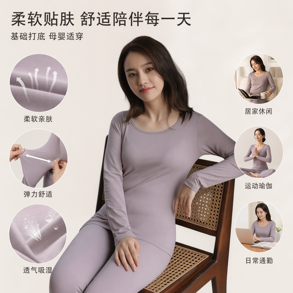 淡紫色长袖上衣女修身显瘦保暖套装图