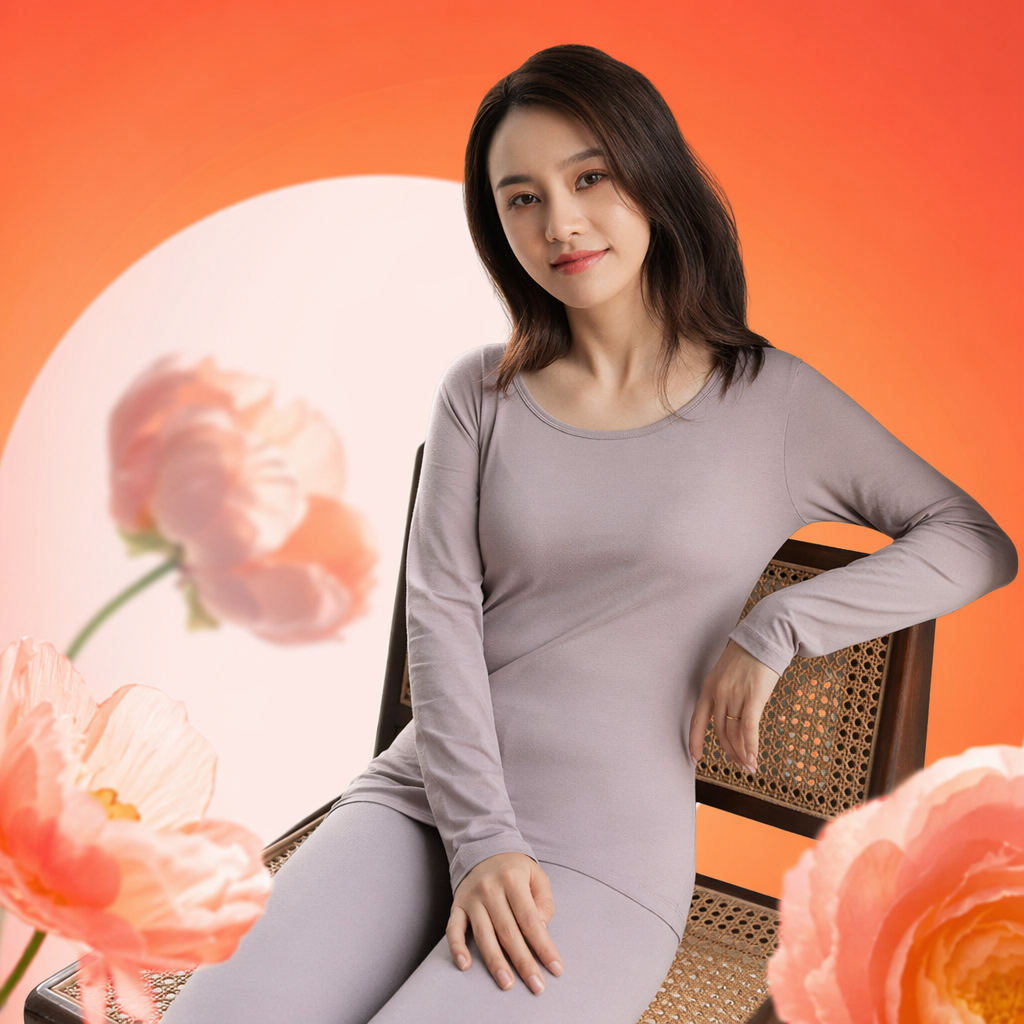 淡紫色长袖上衣女修身显瘦保暖套装细节图