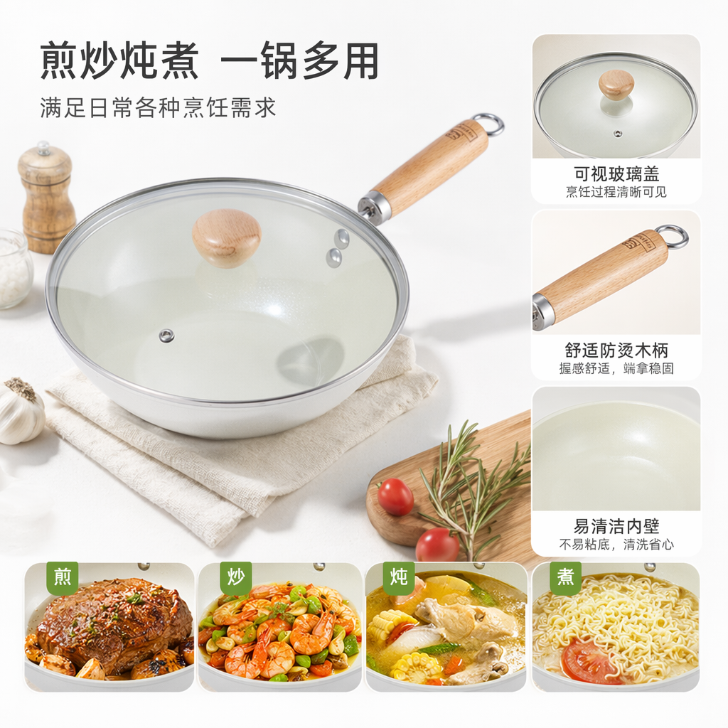 Transparent glass lid, metal pot body, non-stick frying and stir-frying pan, household kitchen cookware