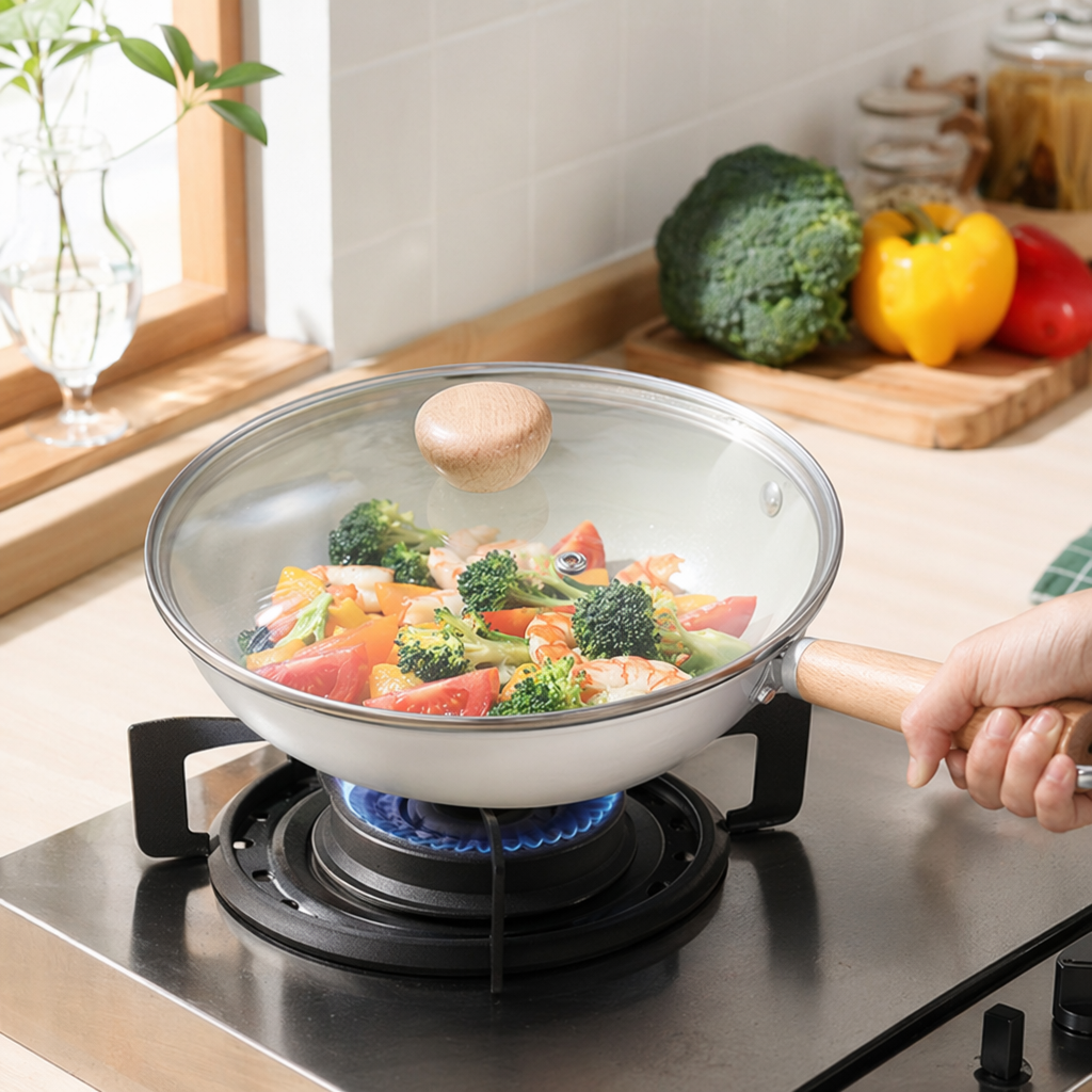 Transparent glass lid, metal pot body, non-stick frying and stir-frying pan, household kitchen cookware details Picture