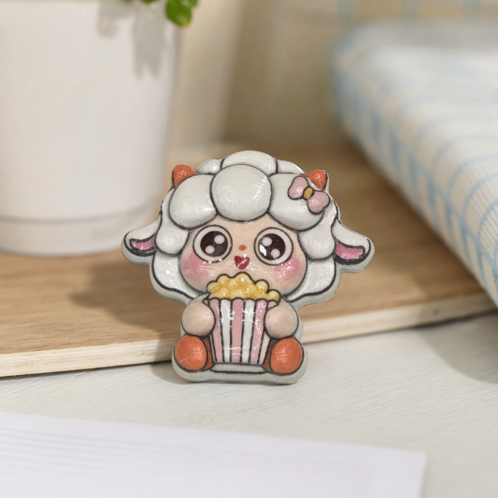 A cartoon little lamb doll holding a popcorn bucket is decorated with a white background ornament details Picture