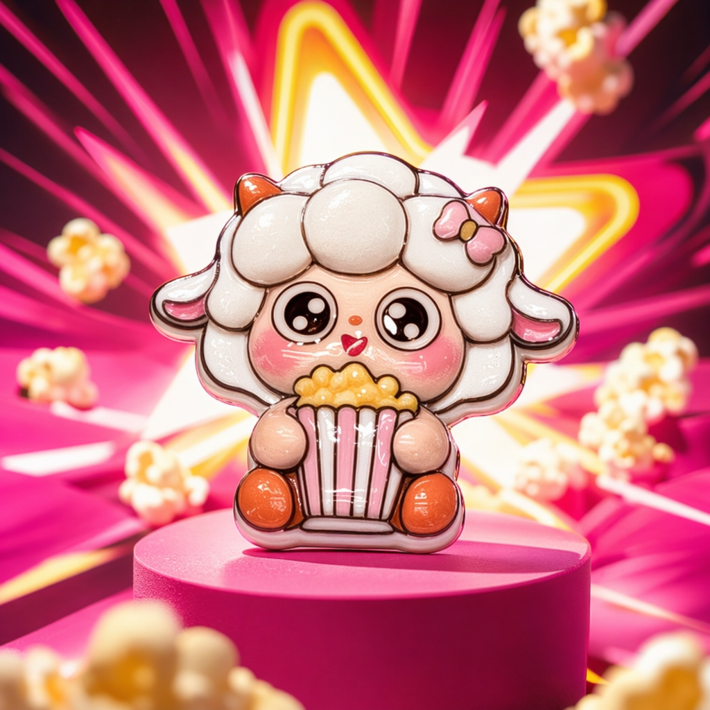 A cartoon little lamb doll holding a popcorn bucket is decorated with a white background ornament Specification image