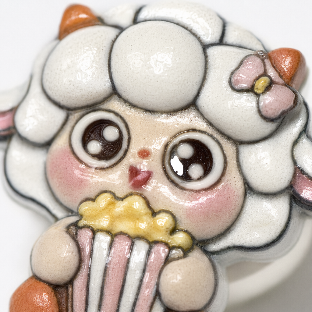 A cartoon little lamb doll holding a popcorn bucket is decorated with a white background ornament Application Scenario
